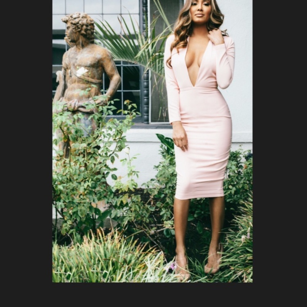 House Of CB Dominique Pink Deep Plunge Bodycon MIDI Dress Medium